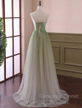 Green Sweetheart Gradient Beaded Tulle Floor Length Party Dress, Green Junior Semi Formal Prom Dresses